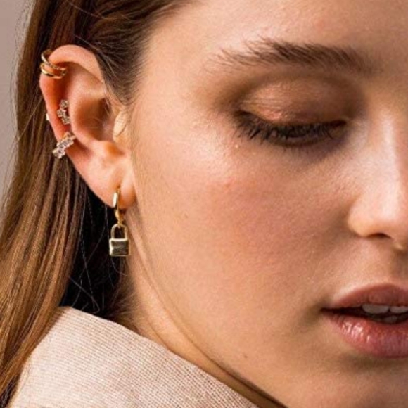 Lock Charm Hoop Earrings Gold 3D Padlock Charms Flutter Mini Hoops New - Picture 2 of 3